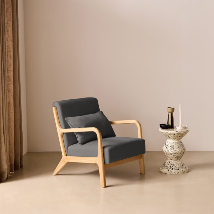 Fauteuil scandinave bois d'hévéa et tissu LORENS