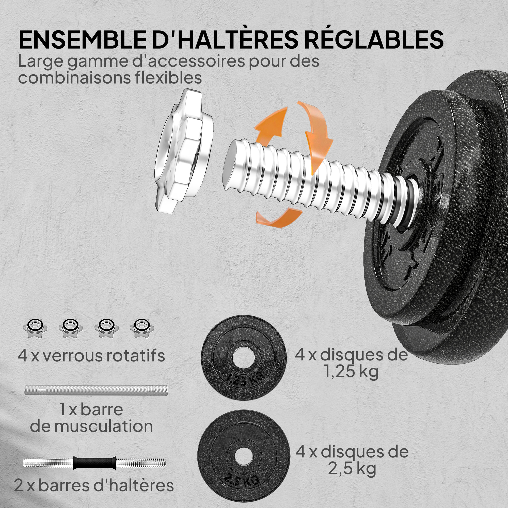 Ensemble d'haltères barre de musculation 2 en 1 - total 20 Kg - acier gris