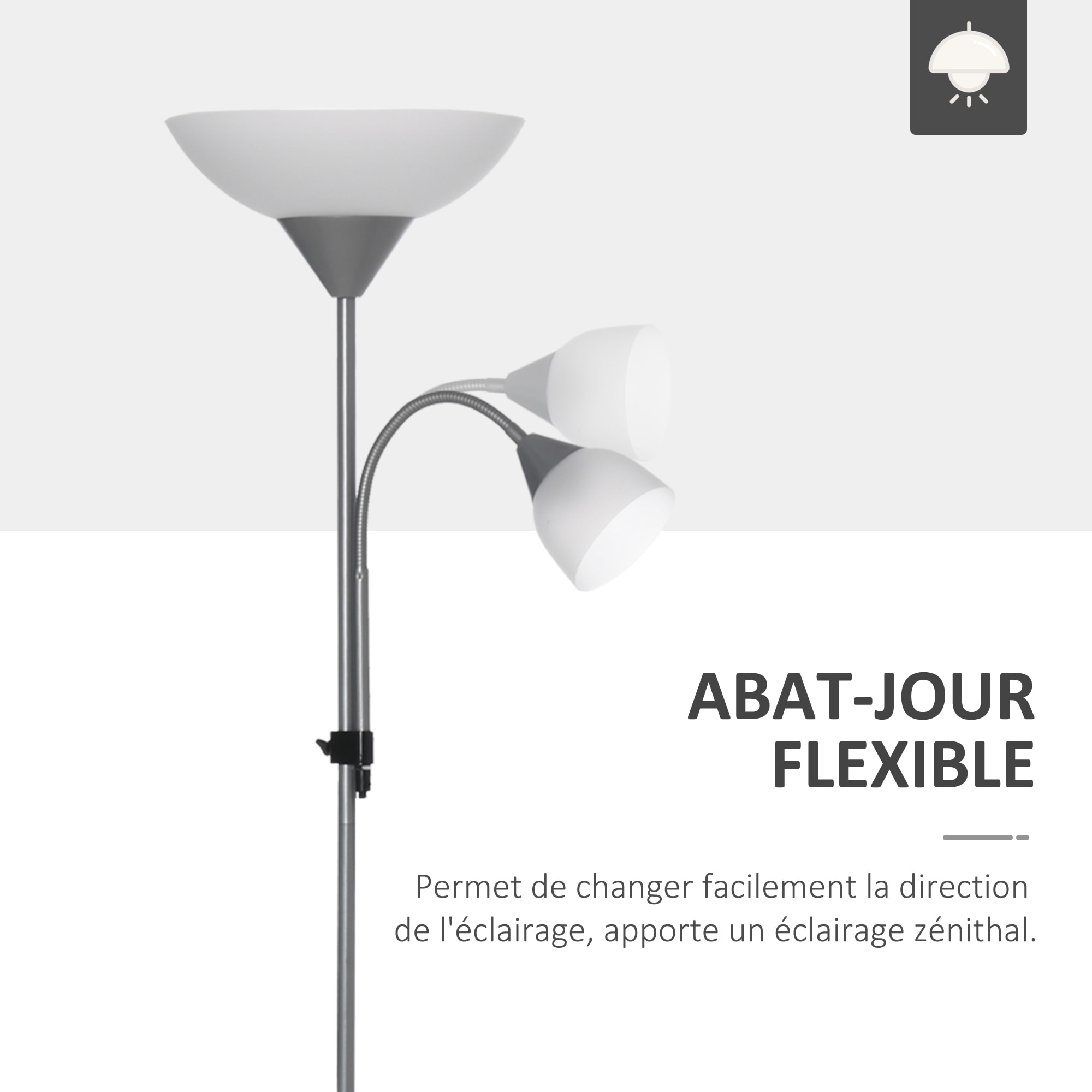 Lampadaire 2 têtes douilles E27 E14 base métal dim. Ø28 x 179,5H cm gris blanc