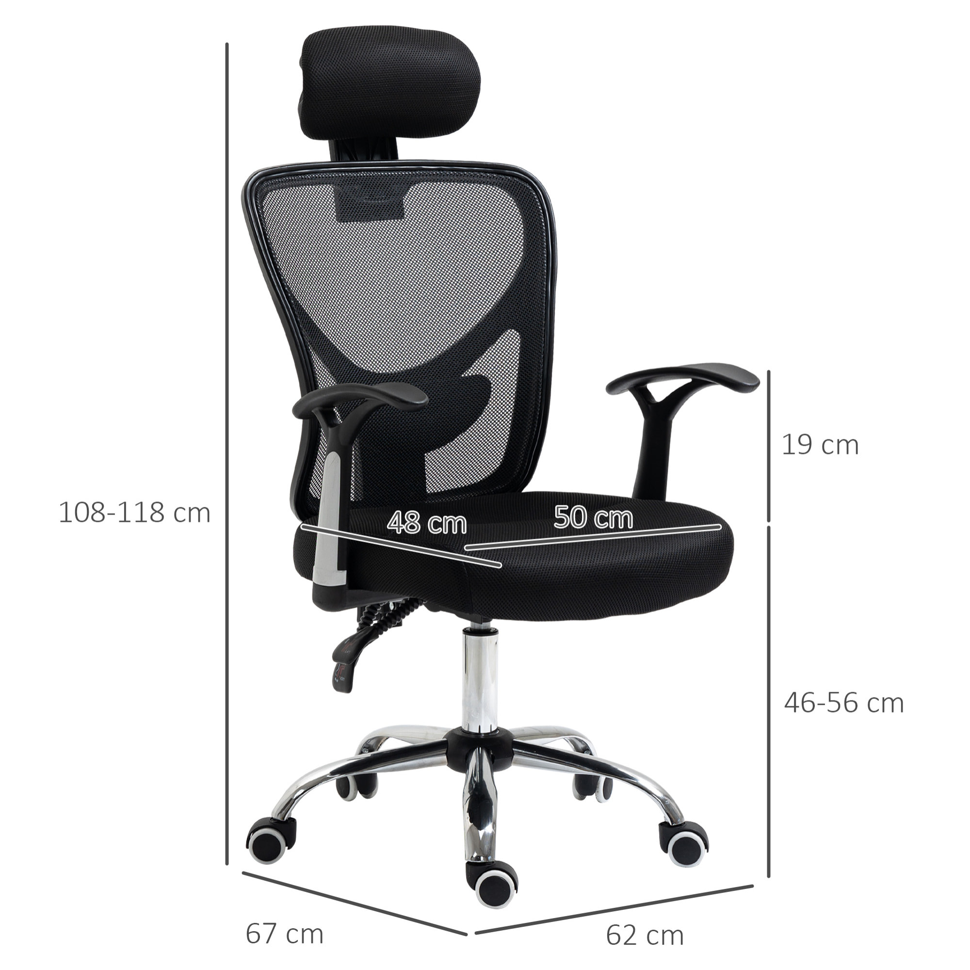 Vinsetto Silla de Oficina Ergonómica Silla Escritorio Giratoria con Altura Ajustable Función Reclinable Reposacabezas Regulable y Soporte Lumbar 65x67x108-118 cm Negro