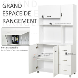 HOMCOM Armoire de cuisine multi-rangements 4 portes 3 tiroirs étagère + grand plateau 100L x 39l x 183H cm MDF blanc