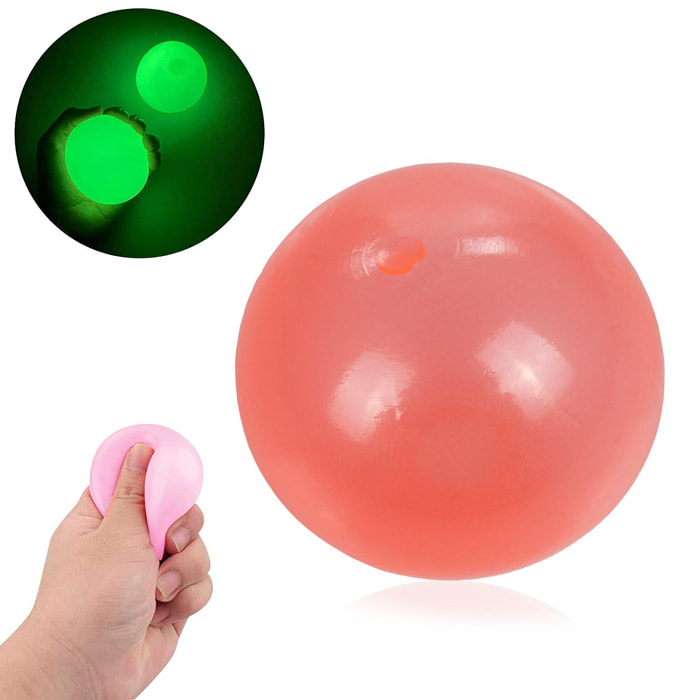 Sfera in silicone antistress da 5,5 cm, si illumina al buio. Palla morbida da spremere e spremere. Appiccicoso, aderisce al soffitto e alle pareti per pochi secondi.