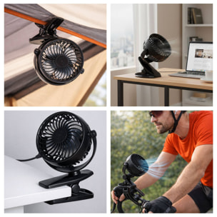 Ventilador con clip, 3 velocidades, batería 1200mAh, negro