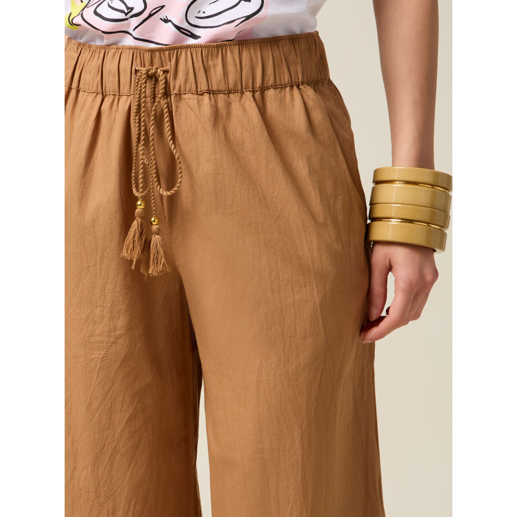 Oltre - Pantalones de muselina con inserto de encaje - Marrón