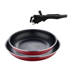 juego de 2 sartenes ø22ø26cm aluminio prensado rojo + mango extraíble