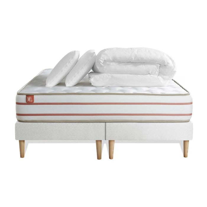 Pack Matelas Le Doux - 24cm - Mémoire de forme - Zéro transfert de mouvement - Sommier Tapissier Blanc - Avec couette et oreillers