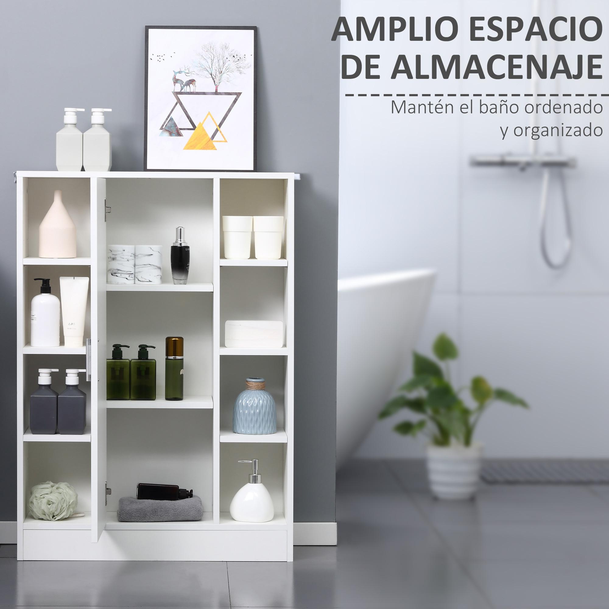 kleankin Armario de Suelo para Baño de Madera con 8 Compartimentos Abiertos y 1 Puerta con Estantes Ajustables Mueble Auxiliar Multiusos para Cocina Salón 71x22x100 cm Blanco