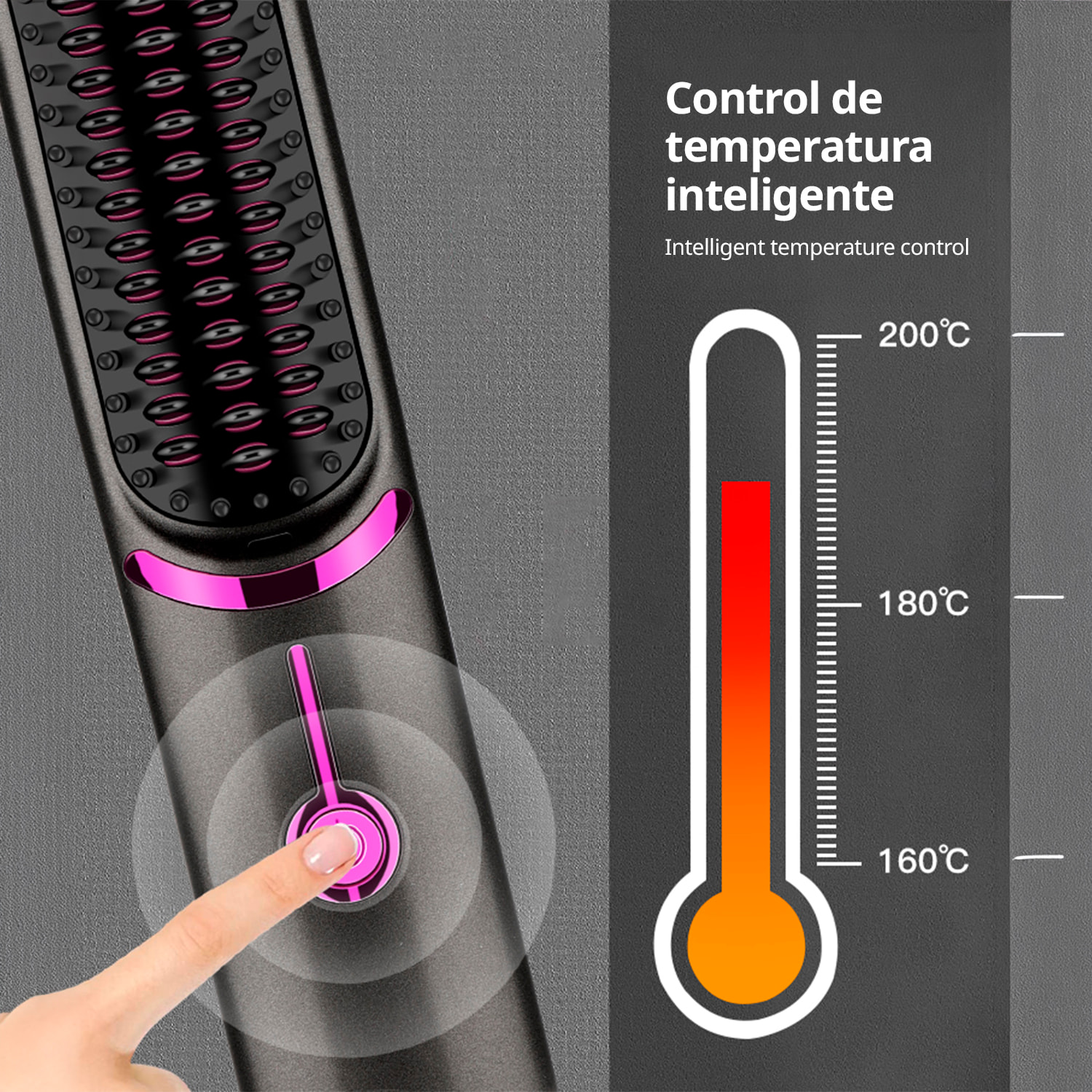 Cepillo peine alisador de pelo 608. Con 3 niveles de calor entre 160°C y 200ºC.