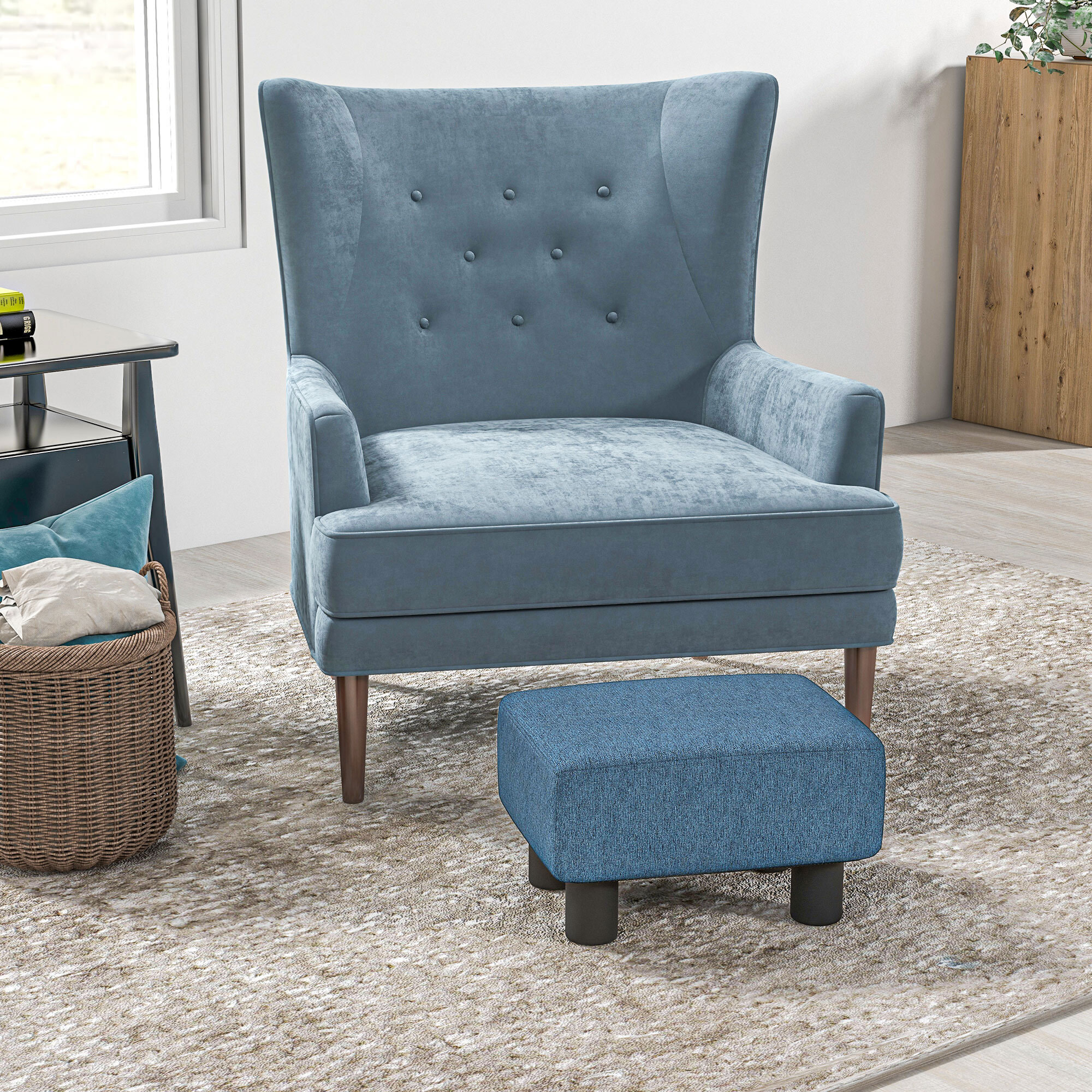Reposapiés de Salón Taburete Bajo Tapizado en Lino Otomana Rectangular con Estructura de Madera para Sala de Estar Dormitorio Azul Oscuro