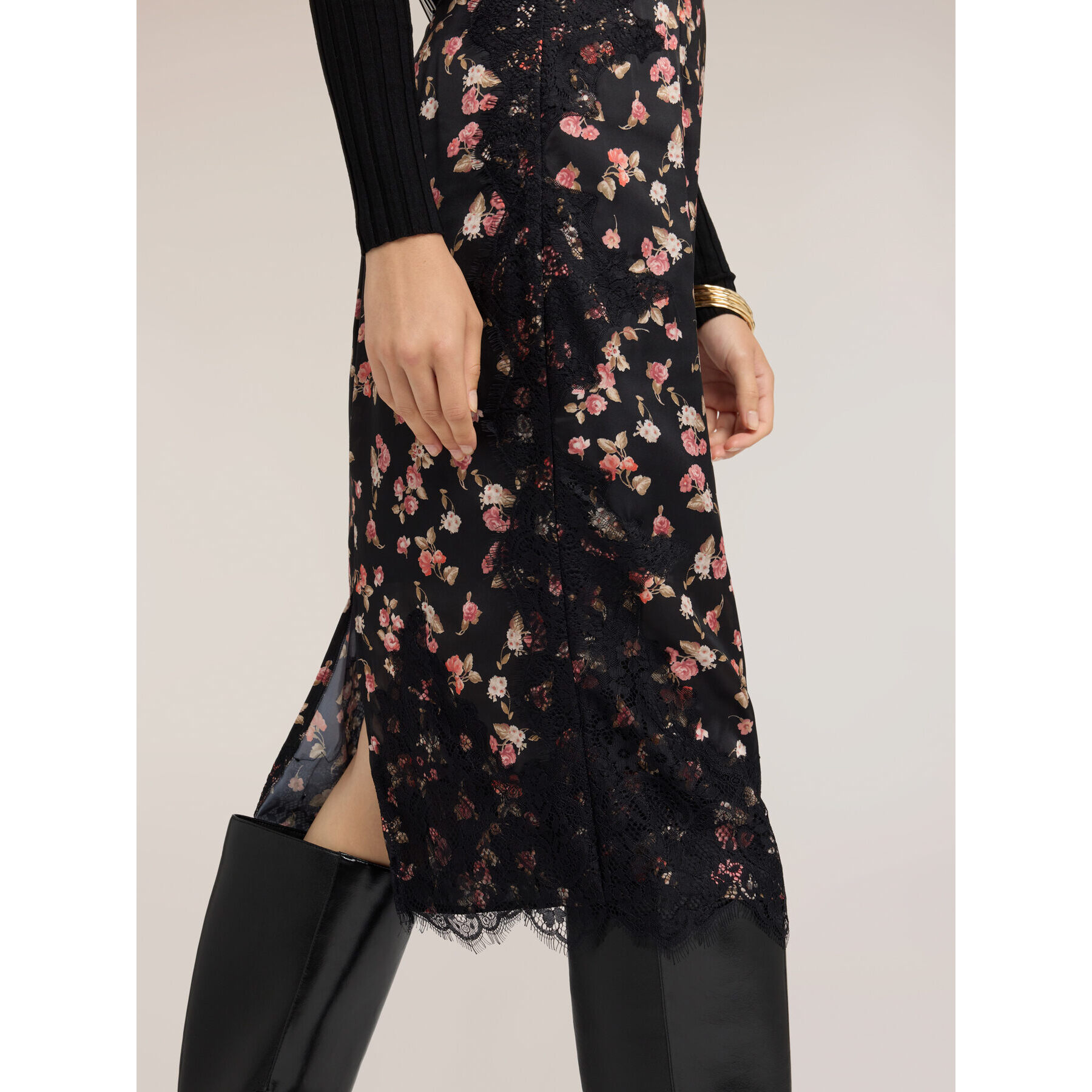 Motivi - Falda tubo de georgette con estampado floral y encaje - Negro