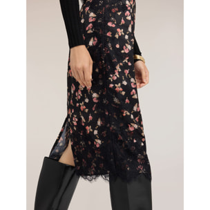 Motivi - Falda tubo de georgette con estampado floral y encaje - Negro