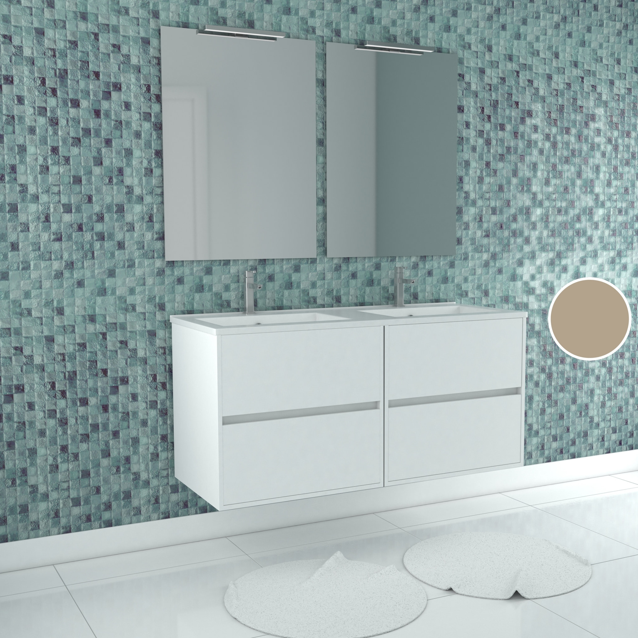 Meuble Salle de Bains 120 cm Laqué Blanc 4 Tiroirs, Vasque, Miroirs 60x80 et Réglettes Led - XENOS