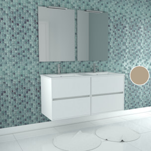Meuble Salle de Bains 120 cm Laqué Blanc 4 Tiroirs, Vasque, Miroirs 60x80 et Réglettes Led - XENOS