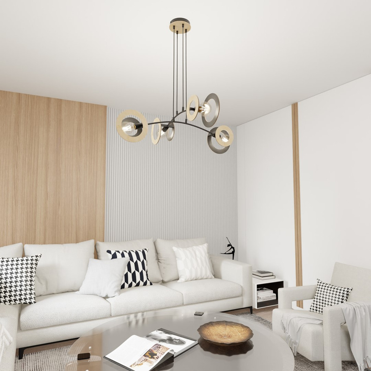 Lampada a sospensione Skiva in acciaio nero e legno