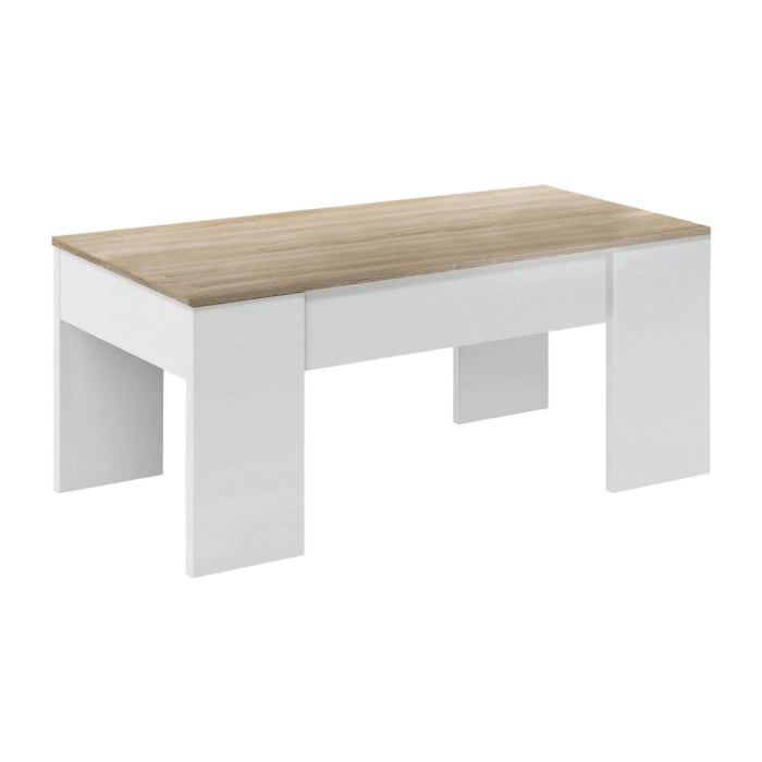 Tavolino da salotto Almas, Tavolino da caffè con piano elevabile, Tavolo basso da soggiorno, 100x50h45/56 cm, Bianco e Rovere
