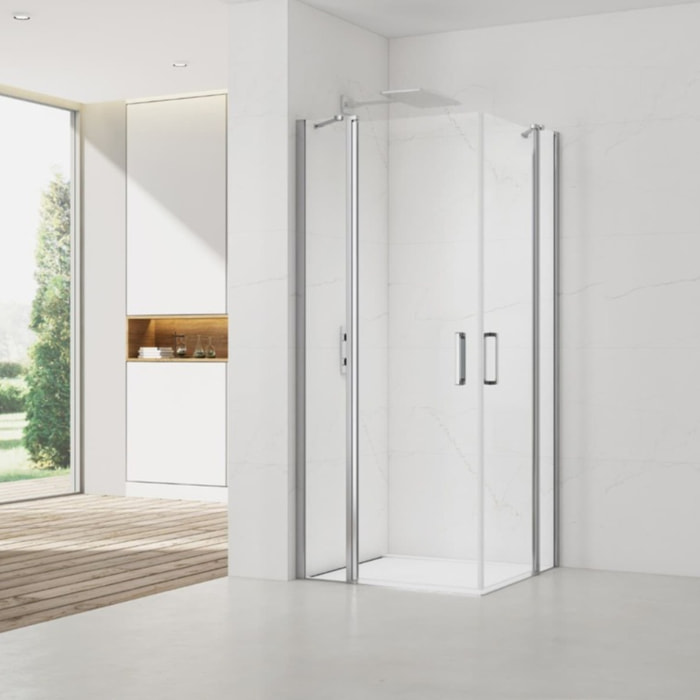 Fusion Portes de douche acces en angle pivotantes 80x80cm anticalcaire avec profilés chrome brillant (SATFUDP8080-SET)