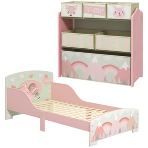Conjunto para Niños Incluye 1 Cama Infantil de Madera con Barreras de Protección y 1 Estantería para Juguetes con 6 Cajas de Tela no Tejida Extraíbles Rosa
