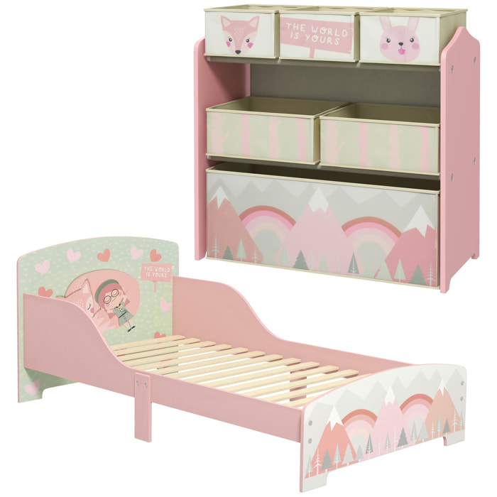 Conjunto para Niños Incluye 1 Cama Infantil de Madera con Barreras de Protección y 1 Estantería para Juguetes con 6 Cajas de Tela no Tejida Extraíbles Rosa