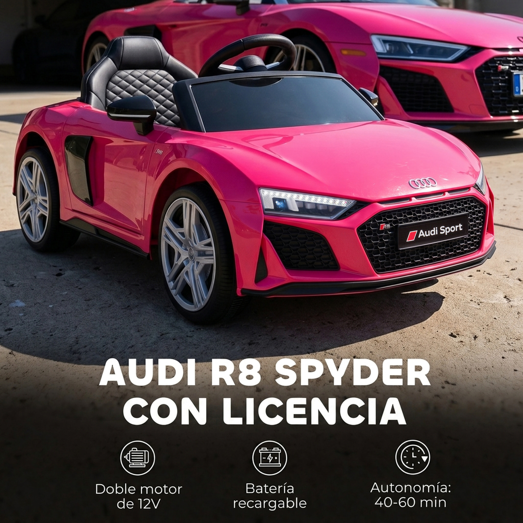 Coche Eléctrico para Niños Audi R8 Spyder Coche de Batería Litio 12V con Mando a Distancia 2,4 G 2 Motores Arranque Suave Suspensión Trasera Música Bocina USB Faros LED +3 Años 3-5km/h Rosa
