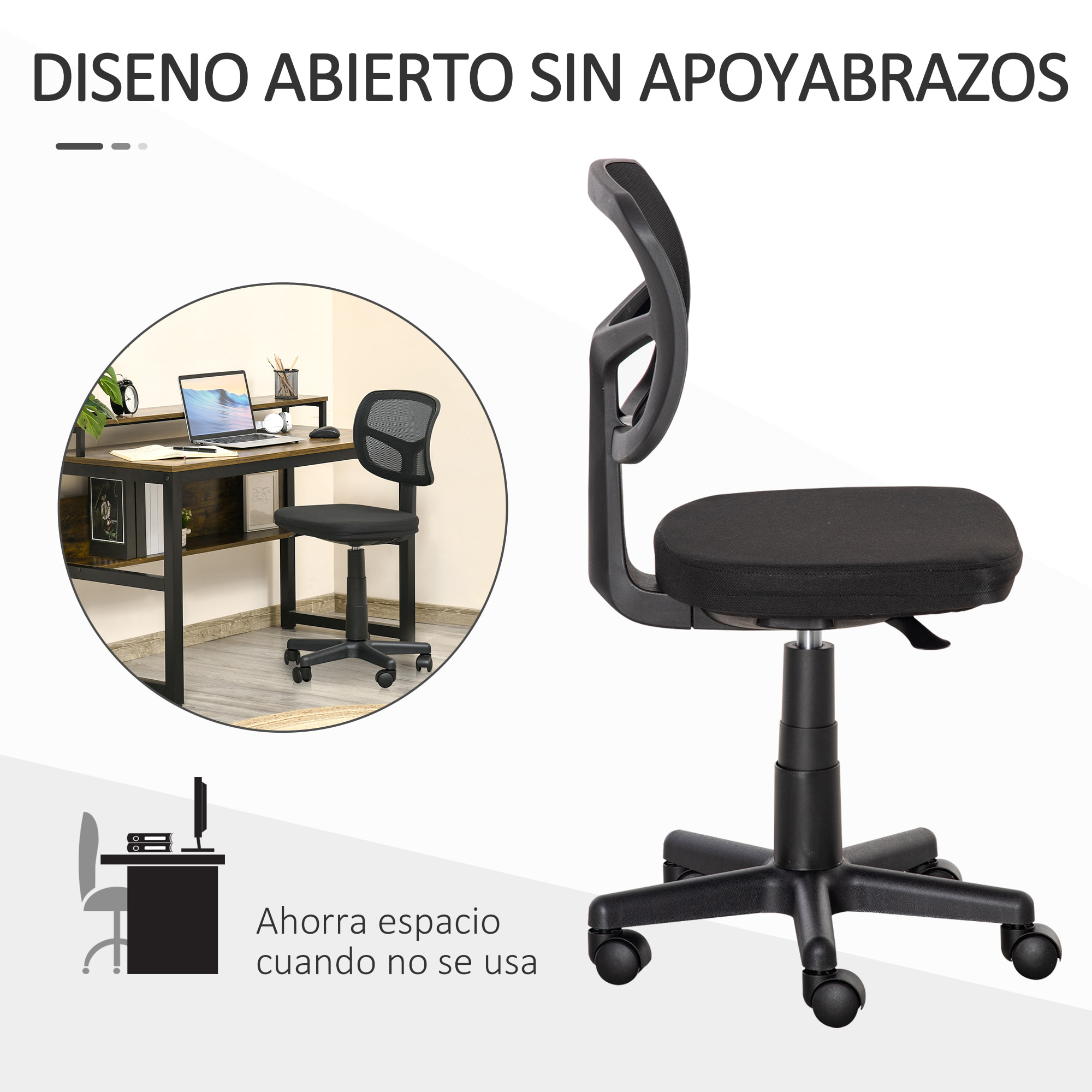 Vinsetto Silla de Oficina Ergonómica de Malla Silla de Escritorio Giratoria 360° con Altura Ajustable Soporte Lumbar Transpirable y Ruedas 43x48x77,5-89,5 cm Negro