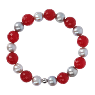 Bracciale Elastico con Quarzo Rosso e Perle d'Acqua Dolce Grigie Ø 9.5/10.5 mm