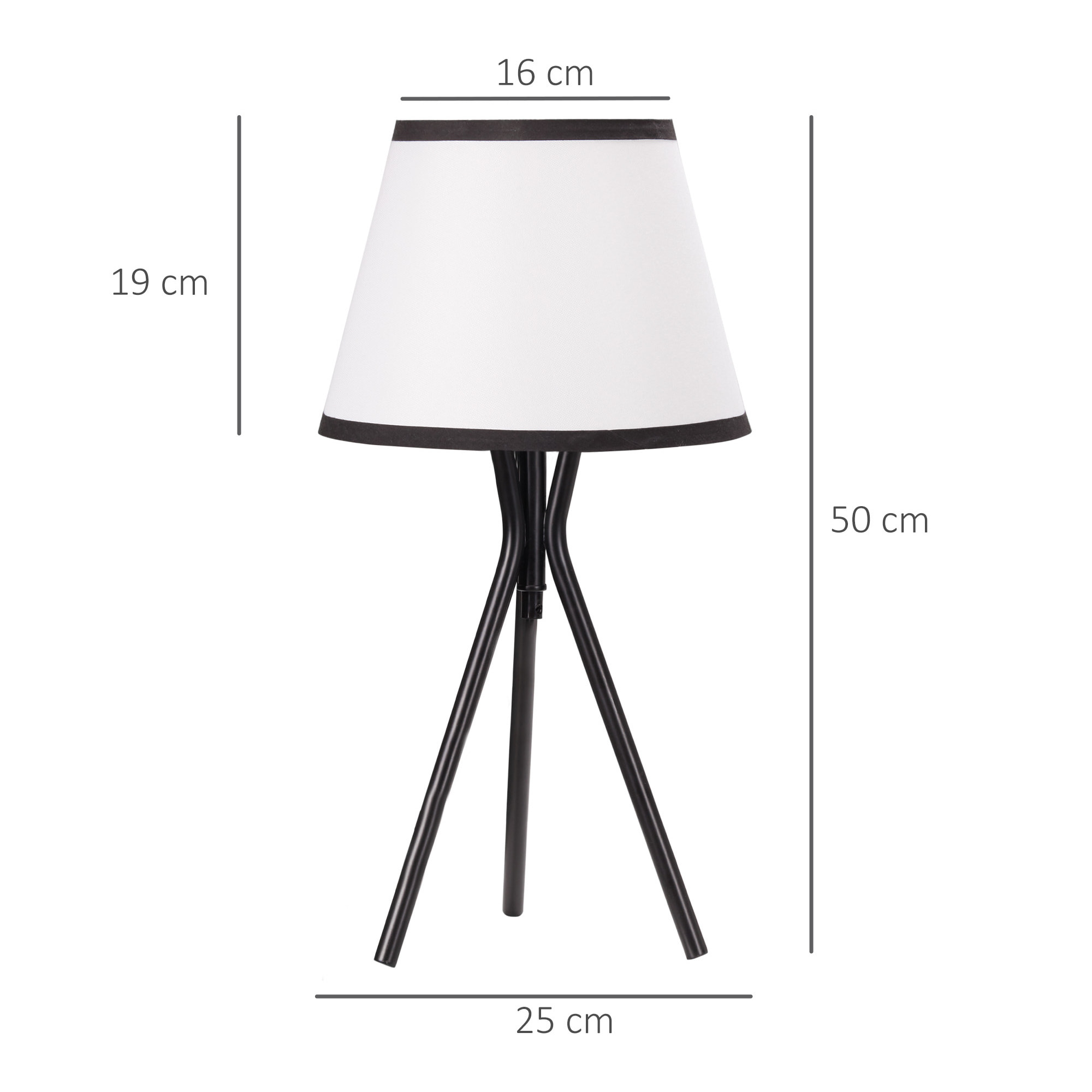 HOMCOM Lámpara de Mesa con Trípode de Metal Lámpara de Escritorio con Pantalla de Tela y Casquillo E27 Máx. 40W Estilo Moderno para Dormitorio Salón Ø25x50 cm Blanco y Negro