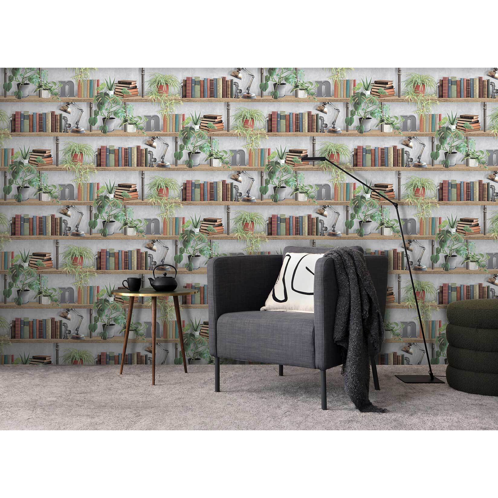 Papier peint bibliothèque livres plantes style loft