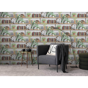 Papier peint bibliothèque livres plantes style loft