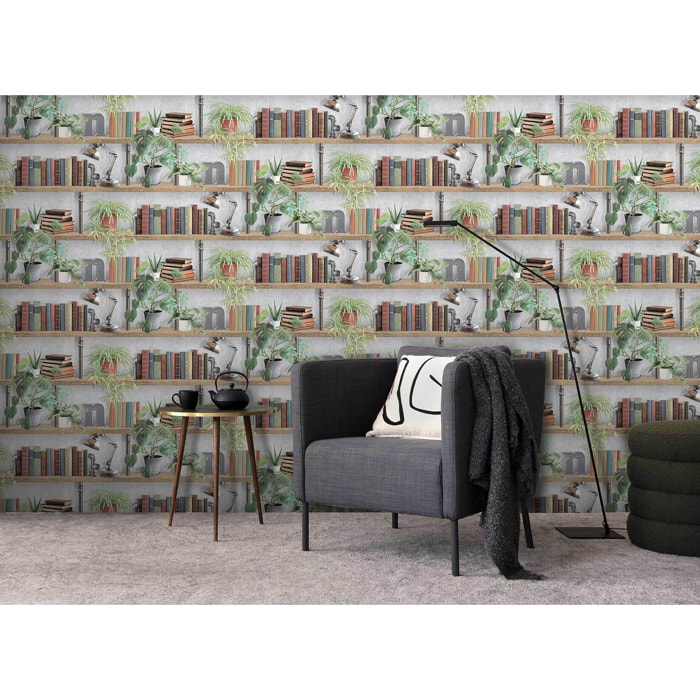 Papier peint bibliothèque livres plantes style loft