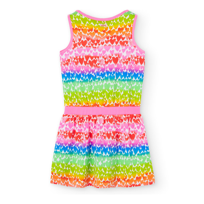 Vestido niña estampado, corazones, rojo, tirantes