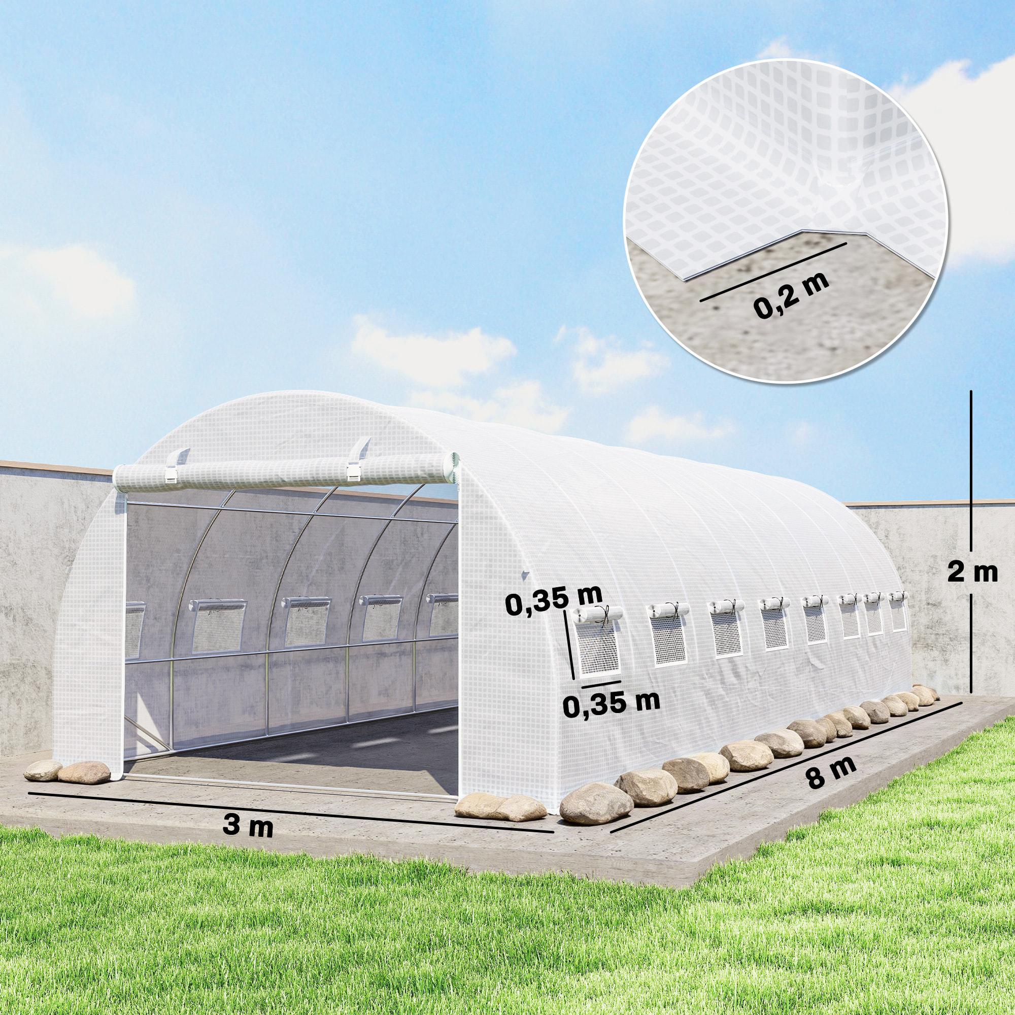 Serre tunnel 24m² dim. 8L x 3l x 2H m - 16 fenêtres, porte zippée - acier galvanisé PE haute densité blanc