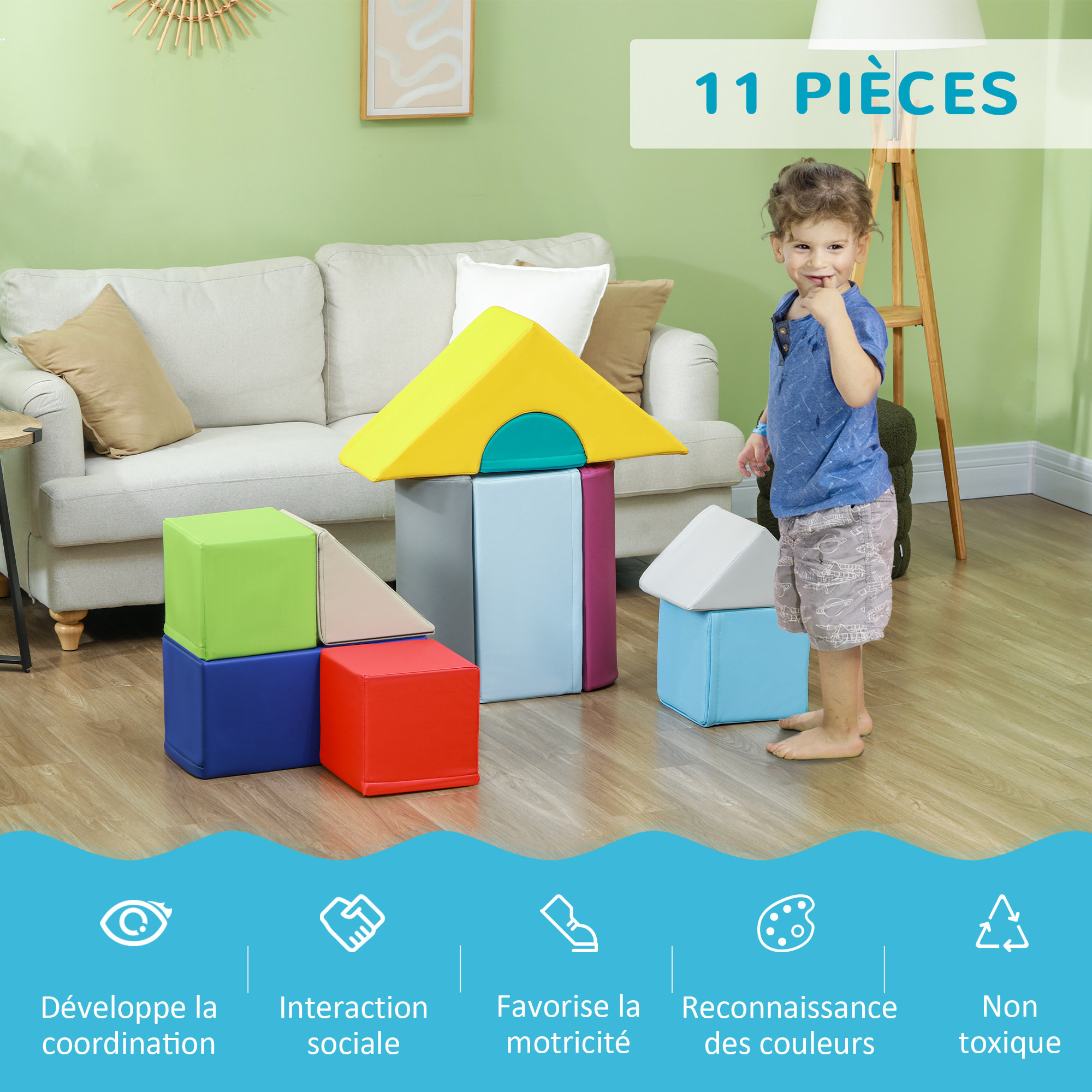 11 blocs de construction en mousse XXL - modules de motricité - jouets éducatifs - certifiés normes EN71-1-2-3 - mousse EPE revêtement PU gris