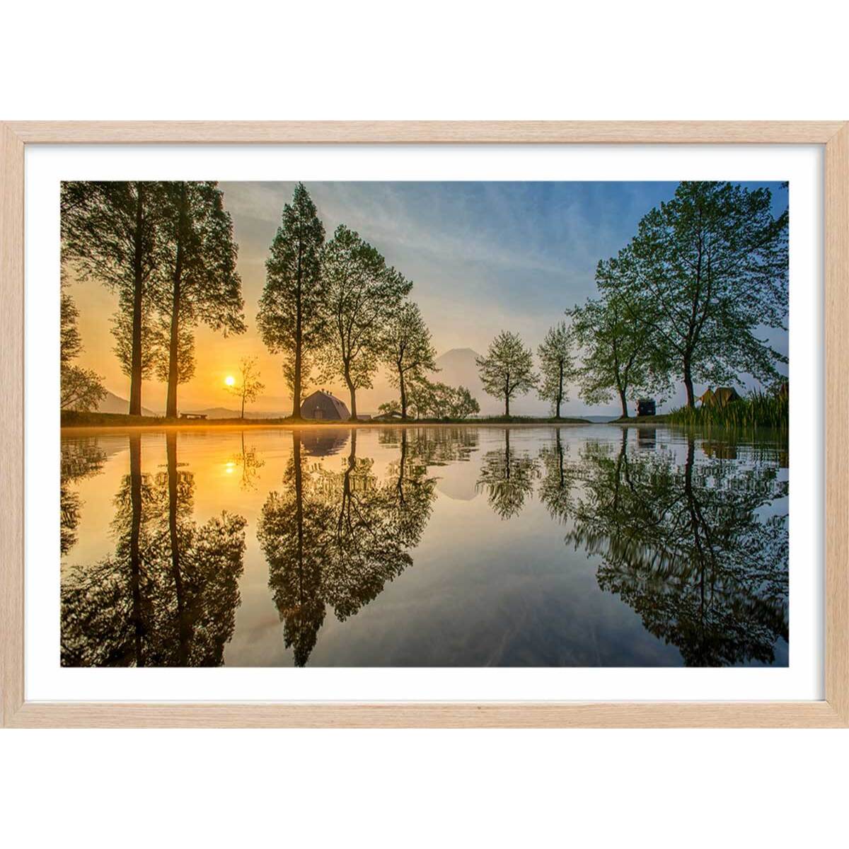 Affiche Reflet du Mont fuji Affiche + cadre en bois - Chêne