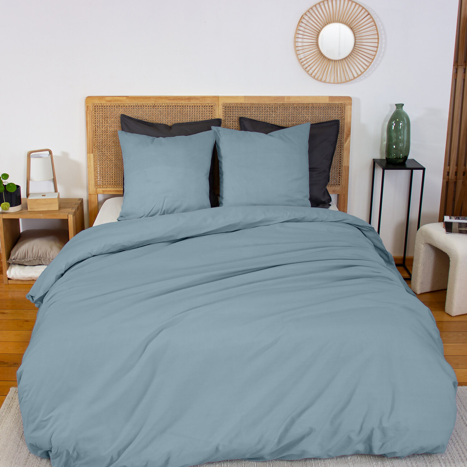 Drap housse percale de coton 65 fils uni - bleu fumé