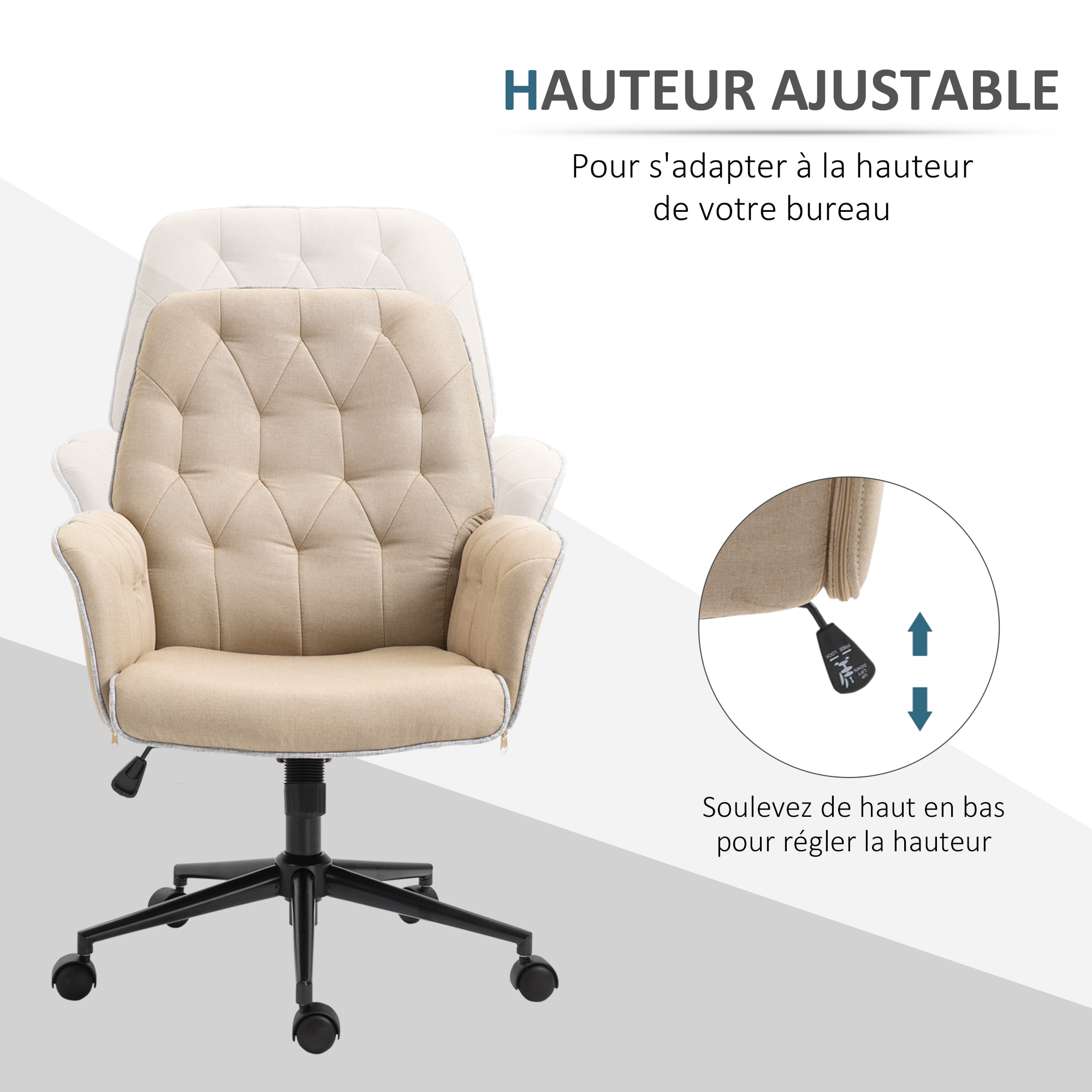 Fauteuil de bureau chaise de bureau hauteur réglable roulettes pivotant 360° tissu chanvre 69L x 66l x 89,5-97H cm beige