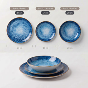 Servizio piatti 18 pezzi effetto minerale in porcellana - Blu Oceano