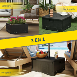 Base para Sombrilla Exterior 3 en 1, Mesa Auxiliar, Macetero con Orificio de Drenaje, Soporte de Parasol Rellenable Arena 80 kg con Ruedas y Asas para Sombrilla con Postes Ø38 y Ø48 mm, Negro