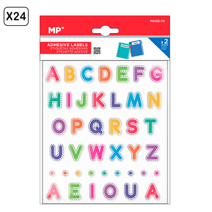 PACK 24 UNIDADES ETIQUETAS ADHESIVAS PERSONALIZABLES DECORADAS DISEÑO ABECEDARIO Y VOCALES
