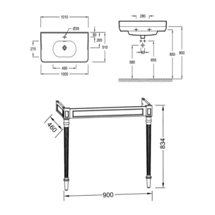 Console Cléo 1889 avec plan vasque + colonne gauche + miroir + robinet lavabo chromé + siphon chromé