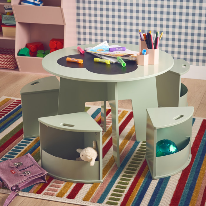Table avec ardoise et 4 chaises avec rangement pour enfant