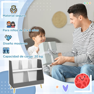 Estantería para Juguetes para Niños Organizador Infantil de 2 Niveles con 5 Compartimentos y Patas de Madera de Pino para Guardería Sala de Juegos 80x34x72,5 cm Gris y Blanco