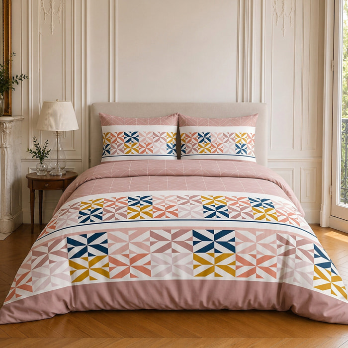 Parure housse de couette 100% coton motif géométrique - BLUEBERRY