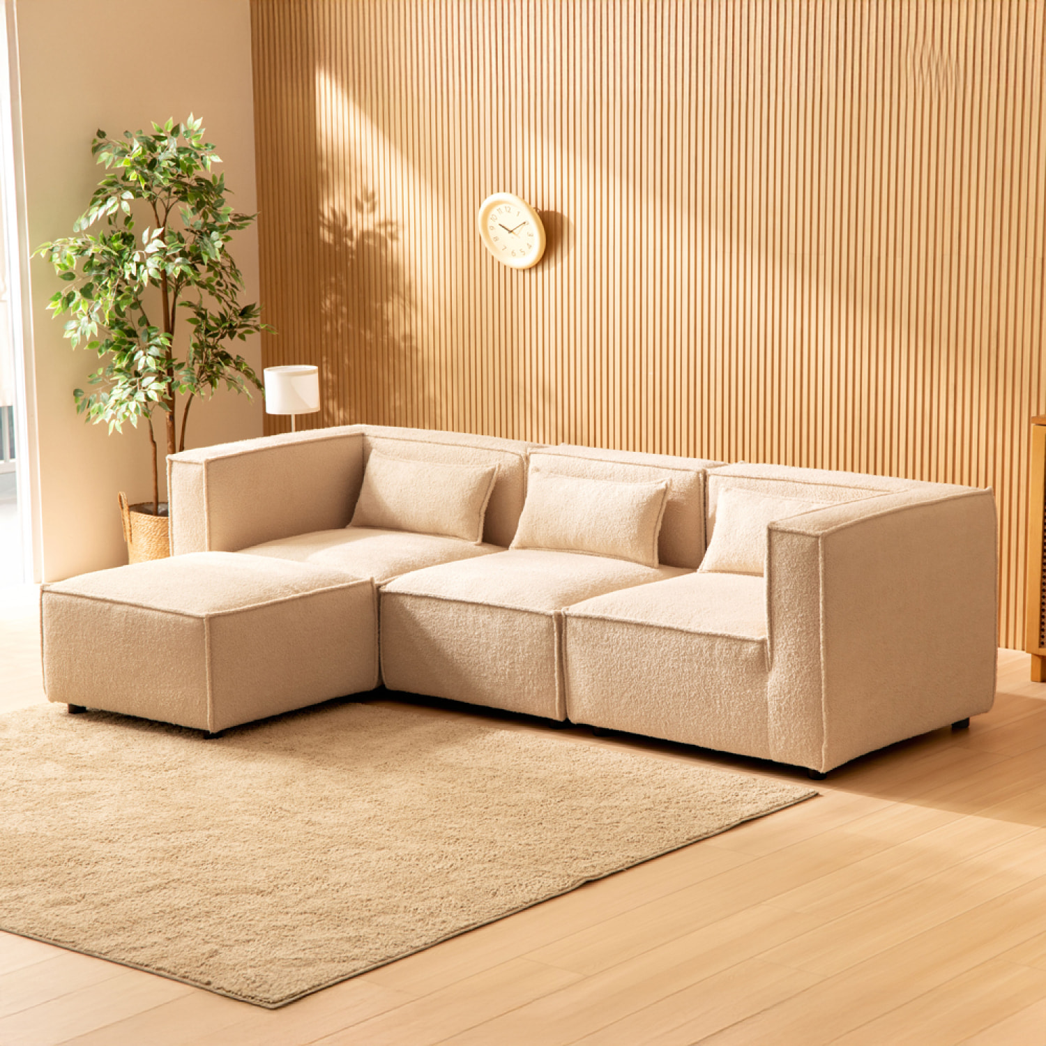 RAMOS Canapé modulable 3 places bouclette beige avec pouf