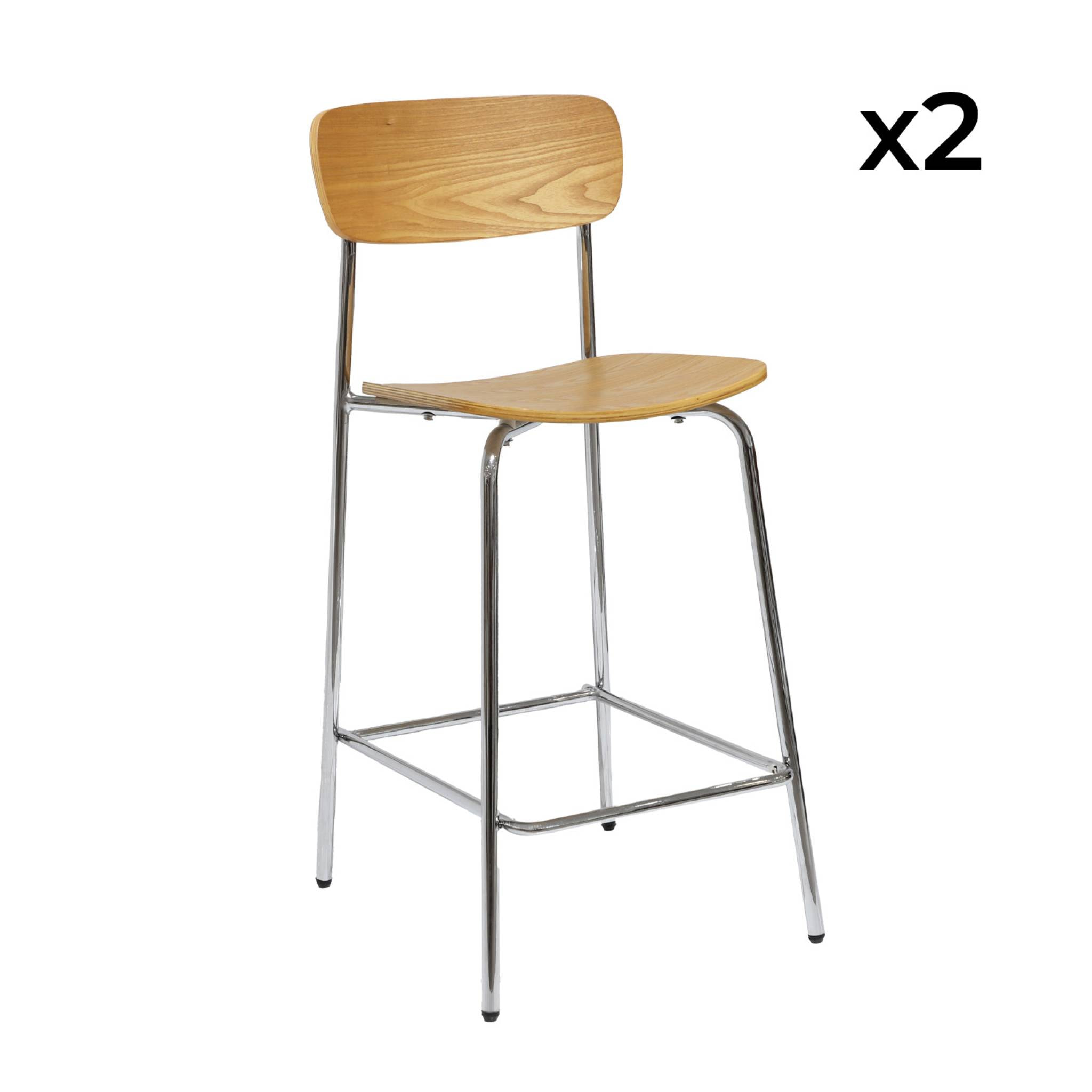 Lot de 2 tabourets de bar vintage contreplaqué avec placage bois effet frêne et pieds métal chromé L 42.5 x P 50 x H 94cm - Toby