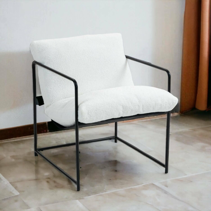 Poltrona Dabdelat, Poltrona rivestita in tessuto bouclé, Sedia imbottita, Seduta con braccioli in metallo, 61x67h75 cm, Bianco