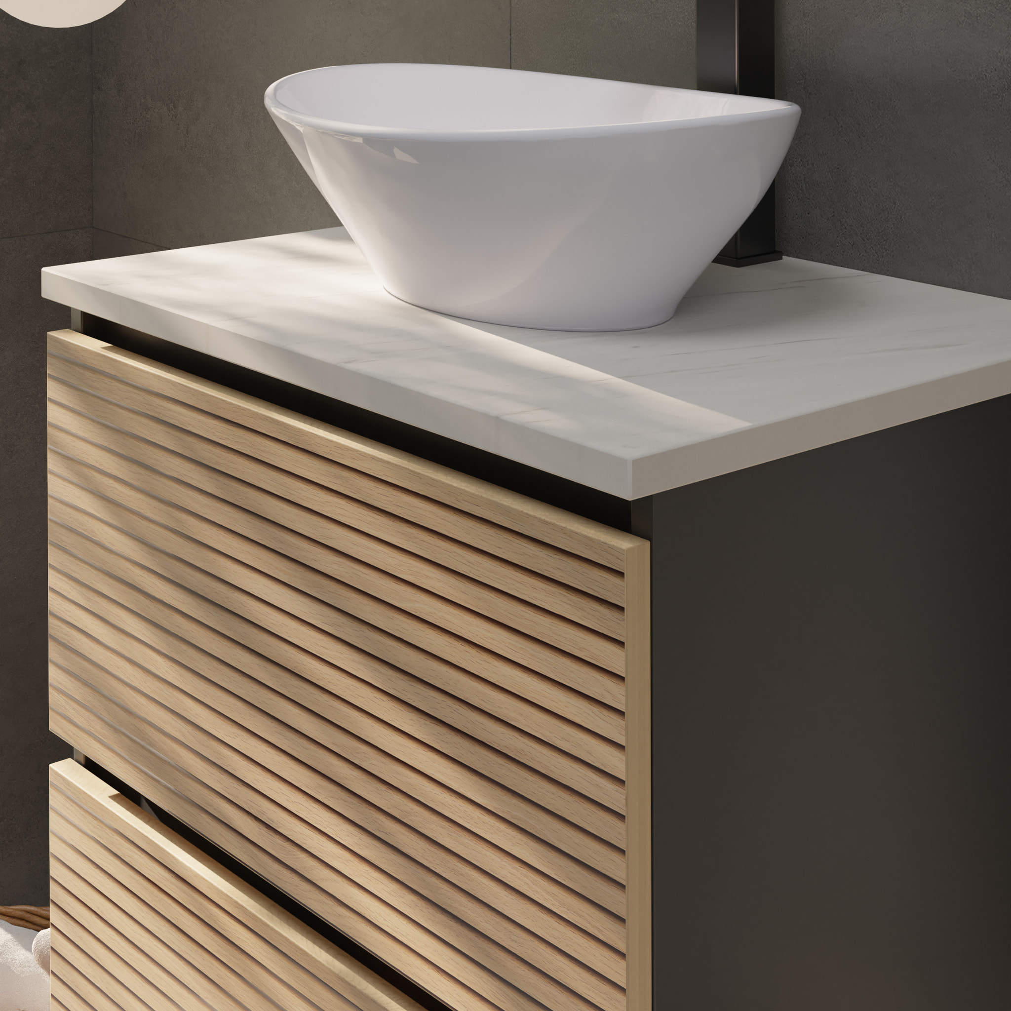 CONJUNTO DE BAÑO YINU | 60 CM NEGRO - SOLOMON | DOS CAJONES | LAVABO SOBRE ENCIMERA | NO INCLUYE ESPEJO | ALDAY