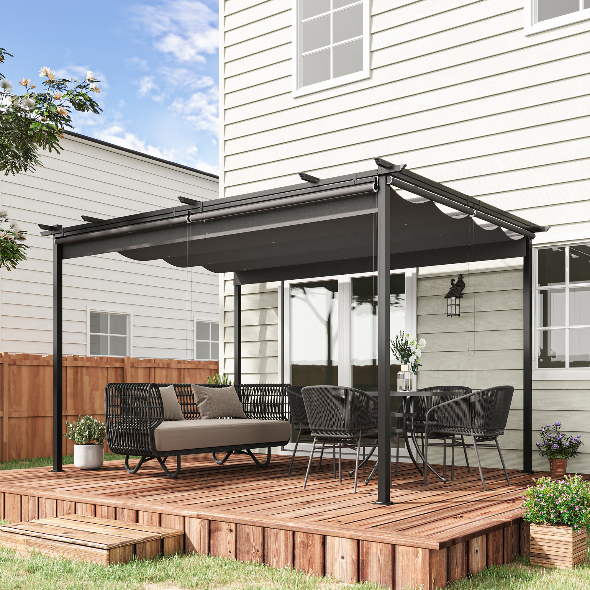 Pérgola de Jardín 4x3 m Cenador para Exterior con Techo Retráctil 4 Cortinas Enrollables de Poliéster y Marco de Metal para Patio Terraza Gris Oscuro