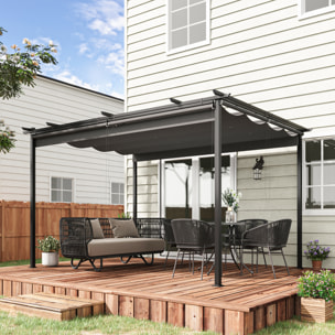 Pérgola de Jardín 4x3 m Cenador para Exterior con Techo Retráctil 4 Cortinas Enrollables de Poliéster y Marco de Metal para Patio Terraza Gris Oscuro