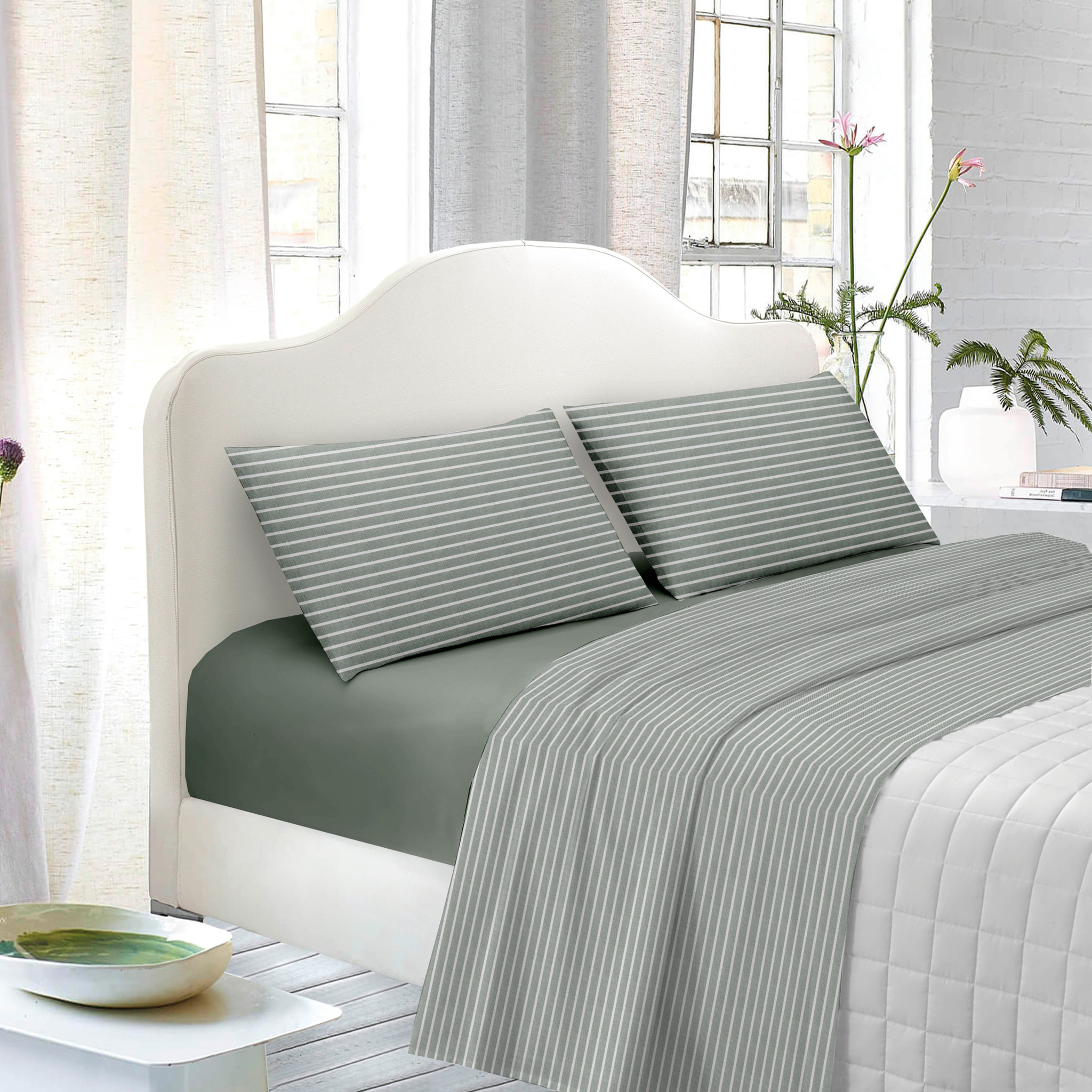 WHITE & WHITE Completo letto 1 piazza e mezza tinto in filo stripe prelavato verde