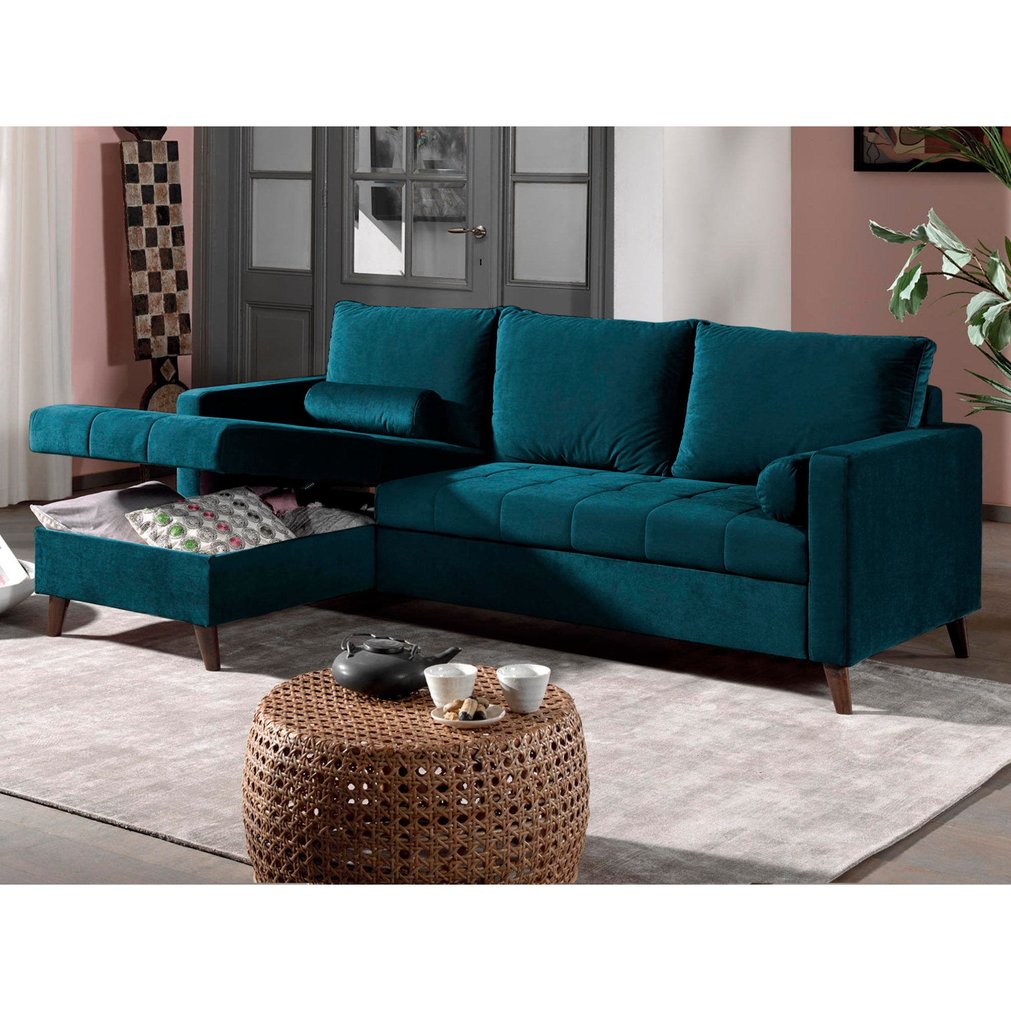 POLAR - Canapé d'angle réversible convertible - en velours au design scandinave - 4 places - Bleu canard